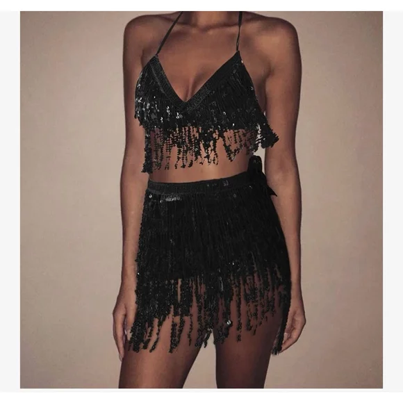 NEW Belly Dance Skirt Bra Top Sequins Fringe Skirt Set Rave Dance One Size - Picture 2 of 3